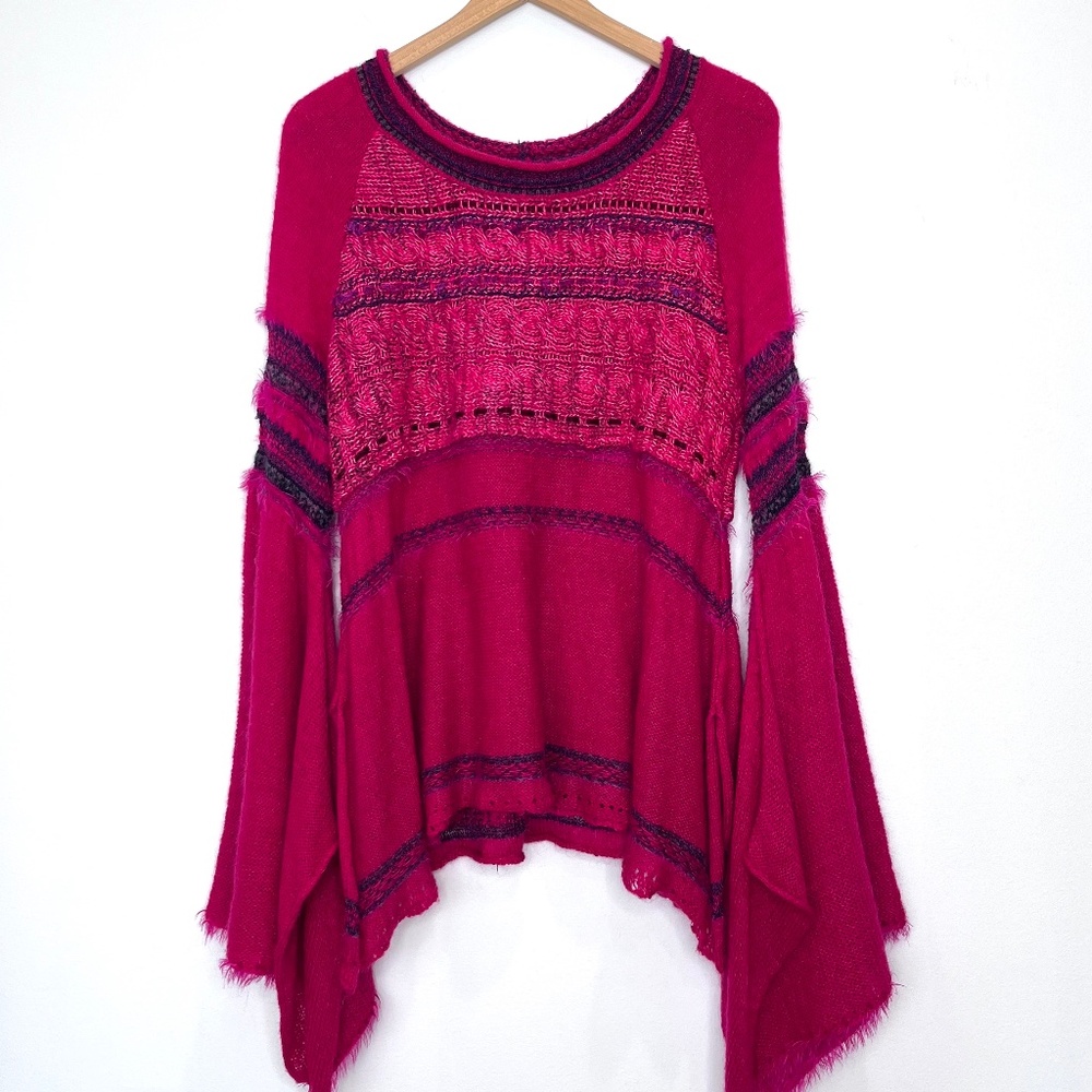 Free People Craft Time Boho Bell Sleeve Pink Sweater Alpaca Wool Mohair - Picture 4 of 9